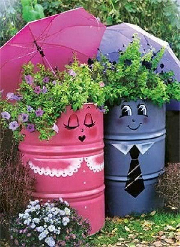 Creative Container Gardens Fun painted gasoline cans gardening. These container gardening ideas offer a great way to brighten