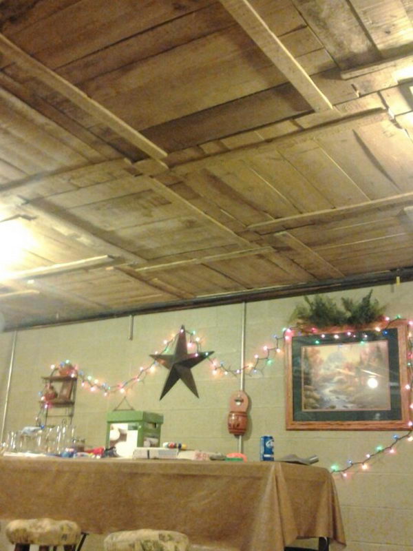 DIY Basement Ceiling with Old Pallet Crate Lids.