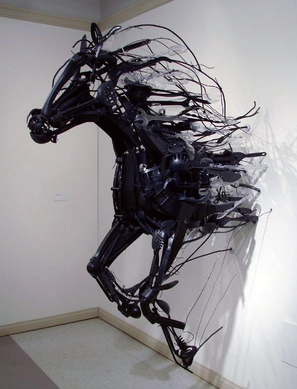 Installation Art from Discarded Plastic. Sayaka Kajita Ganz created these wild horse sculptures from trash picked objects like plastic utensils, toys, and metals. 