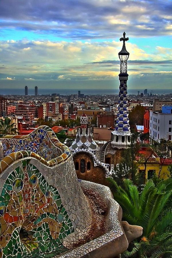 Park Guell (Barcelona, Spain). A unique landscape with the unique mosaic designs, integrated into the countryside staircases, magnificent caves and the Gaudí Museum. 