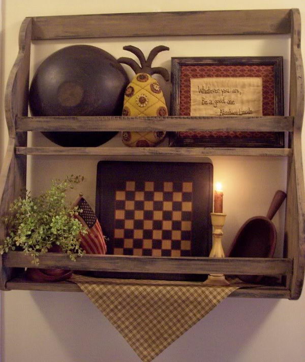 Primitive Shelf Decor. Mix a gameboard with a antique bowl, sampler and more to add an interest to a shelf. The mix of color and texture is great.