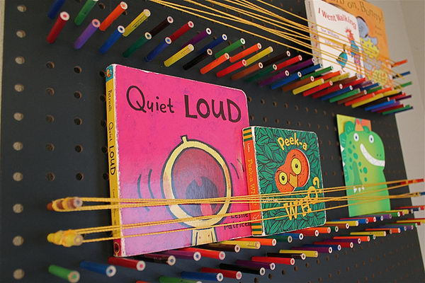 Pegboard Bookshelf with Pencils and String, 