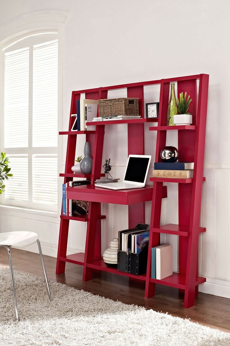 Red Ladder Bookcase with Desk: a clever design that combines a desk, pull out drawer and storage shelves in one space saving design. 