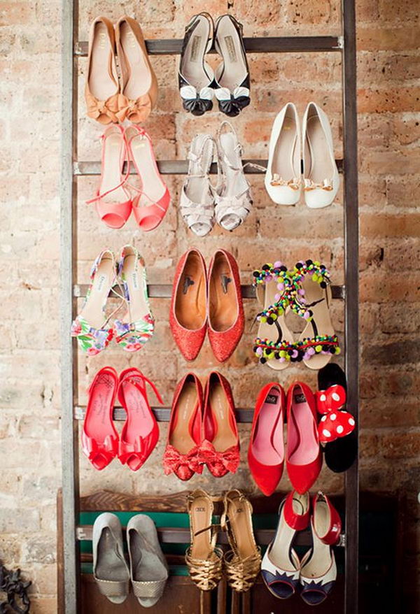 The ladder was used to organize and display high heeled shoes. 