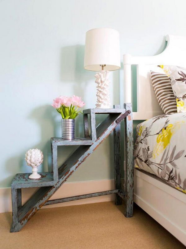 It’s a cool idea to convert a garden ladder to a vintage style nightstand. 