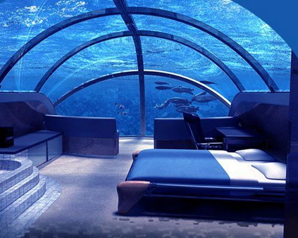 Poseidon Undersea Resort in Fiji. The Poseidon Resorts (Fiji) is certainly one of the most unusual and cool places to sleep. This 5 star hotel is located adjacent to a private Fiji island, at 12 meters deep and it’s the first permanent underwater complex in the world. 