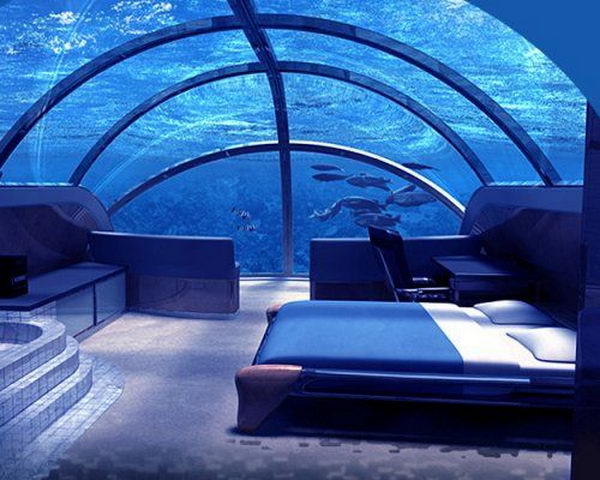 Poseidon Undersea Resort in Fiji. The Poseidon Resorts (Fiji) is certainly one of the most unusual and cool places to sleep. This 5 star hotel is located adjacent to a private Fiji island, at 12 meters deep and it’s the first permanent underwater complex in the world.