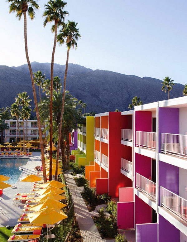 Saguaro Hotel in Palm Springs, California. The Saguaro hotel is a 1950s Technicolor time capsule located in the middle of the desert city of Palm Springs, Calif. It is colorful and vibrant, inside and out, and is an exciting place to stay in an exciting town. 