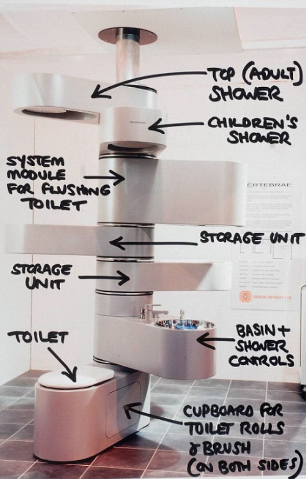 Designed to utilize vertical space instead of horizontal floor space, this is an intriguing but functional and simplistic space saving bathroom by stacking the contents of a bathroom on top of one another. With two showers built in, both of which rotate 180 degrees, one is for adults and one for children. 