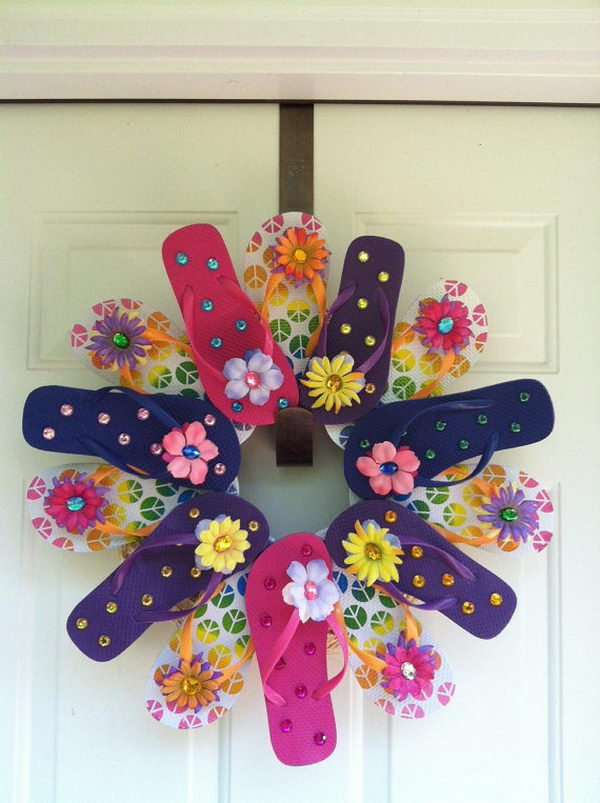 DIY Flip Flop Wreath Decoration. Add a splash of color to your home with a creative flip flop wreath on your door when summer is coming. 