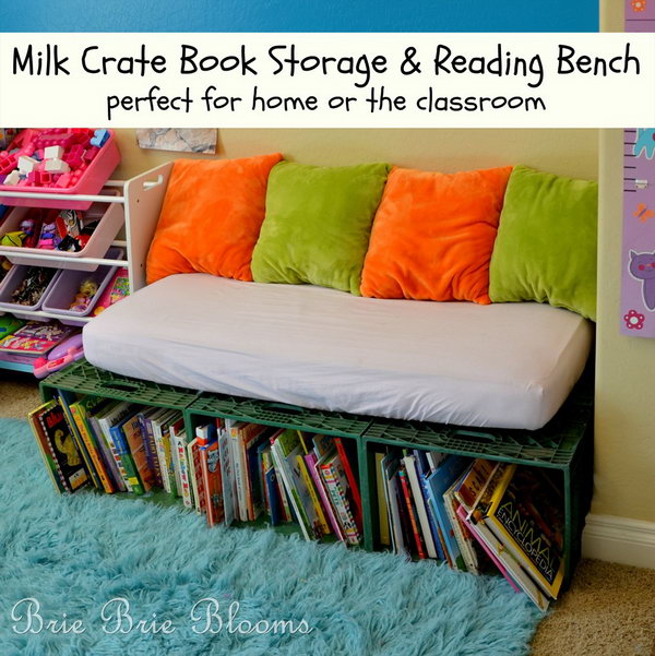 The milk crate book storage and reading bench encourages kids to sit down with books during the day and is also a perfect place for reading a bedtime story each night. 