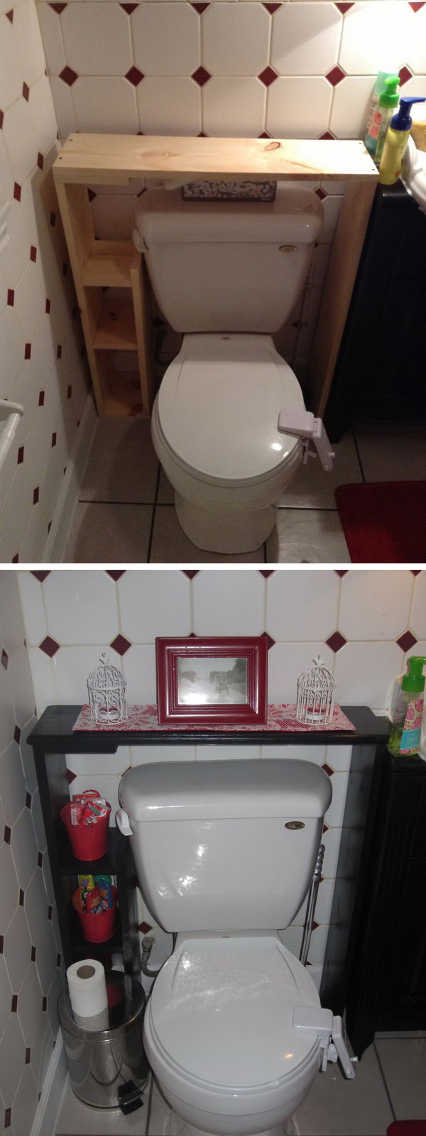 This DIY shelf over the toilet adds more storage space while also making the bathroom feel more open. It is simple to make and costs less than the price of a new wall cabinet. 