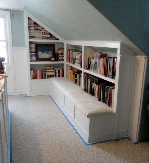 Attic Book Storage Idea. Fill the unused attic space with books. Create a cozy home library for your small room. 