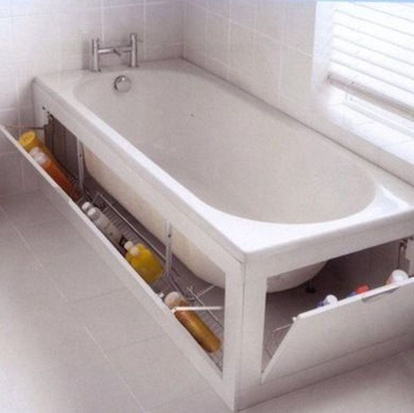 The built in cabinet surrounding this tub provides enough space for extra cleaning sponges, shampoo, and soap. 