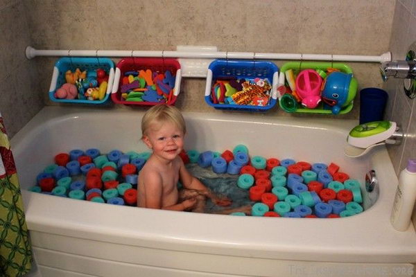 Pool Noodle Bath Fun. Let your kids have a blast in a bathtub filled with cut up pool noodles. Creative and inexpensive idea in summer. 