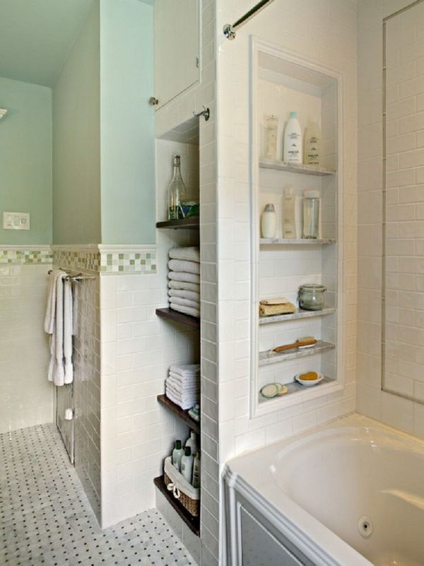 Bathtub With Storage Niches. Put in a few niches between the studs for shampoo, body wash, soaps, etc. 