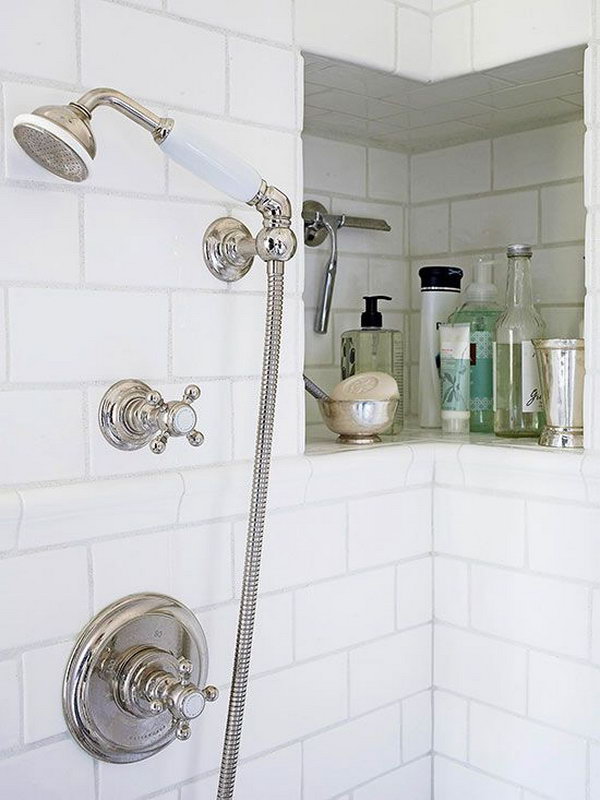 Shower Niche Around Corner. It is a clever idea which provides extra room for shampoos, soaps, a razor, and other necessities. 
