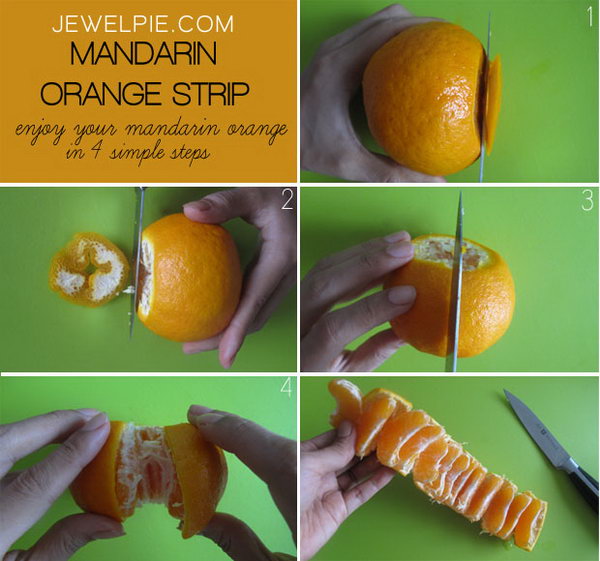 How To Peel An Orange. It's an easy, fast and fun way to peel your mandarin orange. With a few clever cuts of a knife, you can peel an orange and eat it without juice dripping all over your hands. 