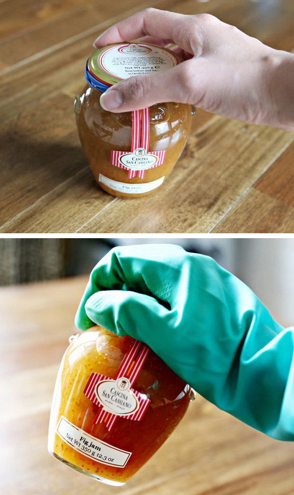 Opening Jars With Ease. Put on a rubber kitchen glove, or place a thick rubber band around the lid. This idea will save your time and difficulties with opening the jar. 