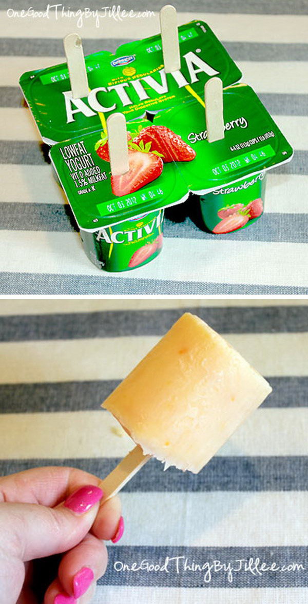 Make Your Own Yogurt Pops. Put a wooden spoon into yogurt. Freeze it and enjoy frozen yogurt pops 