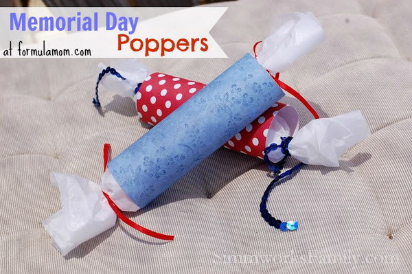 DIY Poppers for Memorial Day. The great thing about these poppers is that you can make them for any occasion just by changing up the scrapbook paper you choose. For Memorial Day and the 4th of July, scrapbook paper in festive reds, whites, and blues is perfect. 