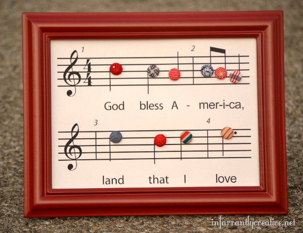 Patriotic Craft: God Bless America Printable. Music chart of God Bless America with fabric covered buttons. What a cool patriotic project idea. 