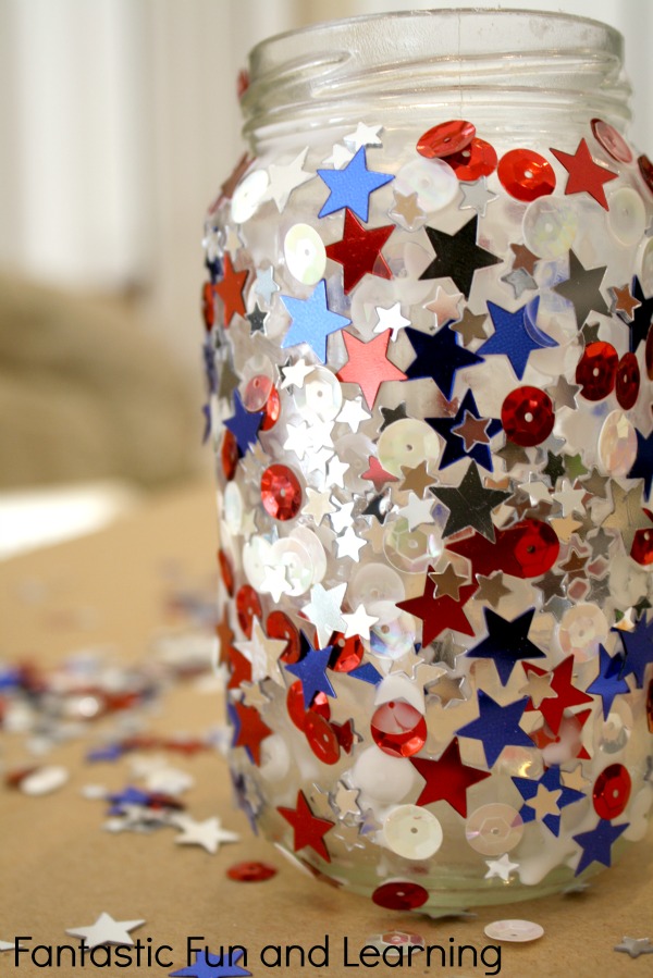 Easy Jar Candle Craft for 4th of July. A great idea to place the crafts outside to decorate for Fourth of July. You can also claim them as nightlights for their bedrooms. 