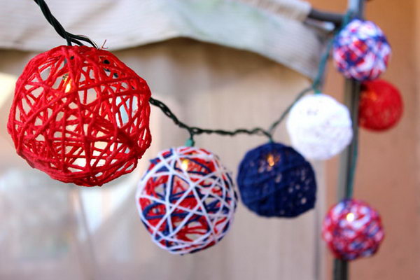 Patriotic Red, White and Blue Yarn String Lights. These DIY globes made of yarn are so fun to assemble. Besides being festive string light covers, these yarn globes make great garlands, or can simply be displayed in a bowl as a table decoration. 