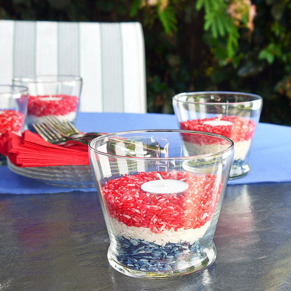 Patriotic Bug Away Candleholders. Along with creating a festive Fourth of July table, these patriotic candleholders are scented with smells that keep bugs away from your guests and grub. So set the table, light the candles, and get ready for a bug free celebration. 