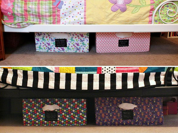 DIY Under Bed Storage Bins. Make some under bed storage bins from cardboard boxex and colorful duct tape. It is a great DIY solution for kids' room if you’ve got moving boxes leftover from a move or have found some. 