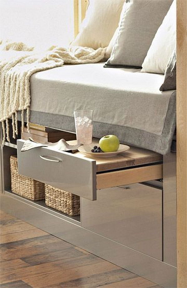 Combine your bed with extra storage units and even a pull out shelf for breakfast in bed. 
