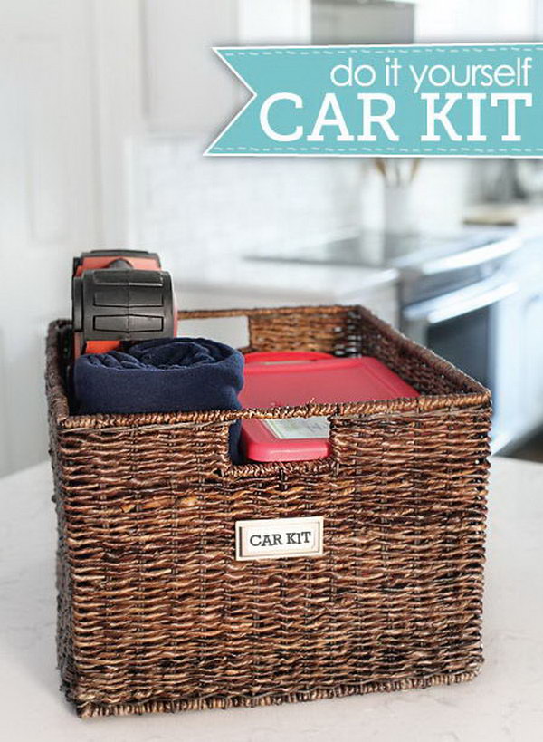 DIY Car kit: Prepare a good sized wicker basket with two plastic boxes for the smaller items in. The remaining space can be a good storage for other bigger things, like a blanket, bottles, a first aid kit or anything else. 