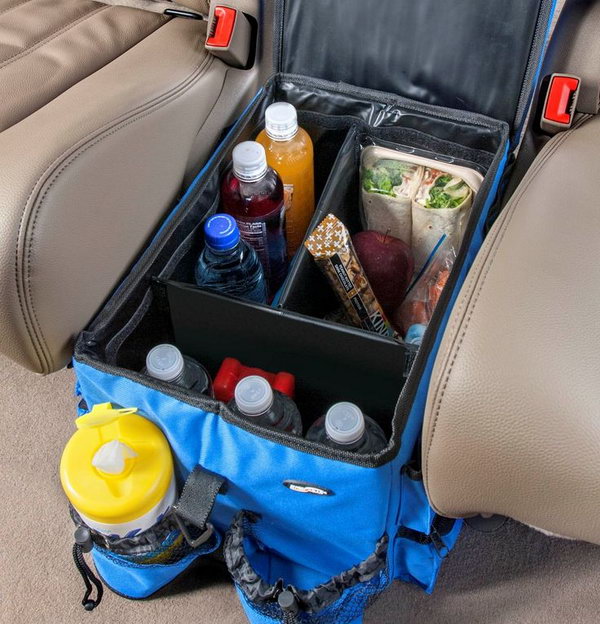You can make full use of the space between two seats and have a basket there with some drinks, water, fruit, snacks, etc within your reach. 