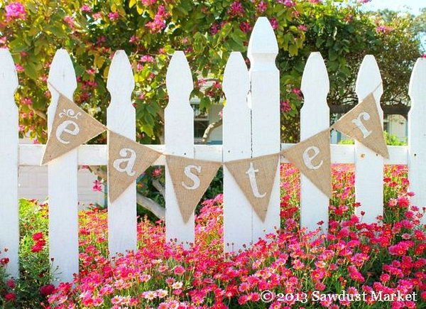Easter and Spring Burlap Banner. This reversible Easter banner burlap pennant reads “Easter” in front and has sweet white cots at the back. It looks good at both sides and makes a perfect decor for you Easter festive outlook. 