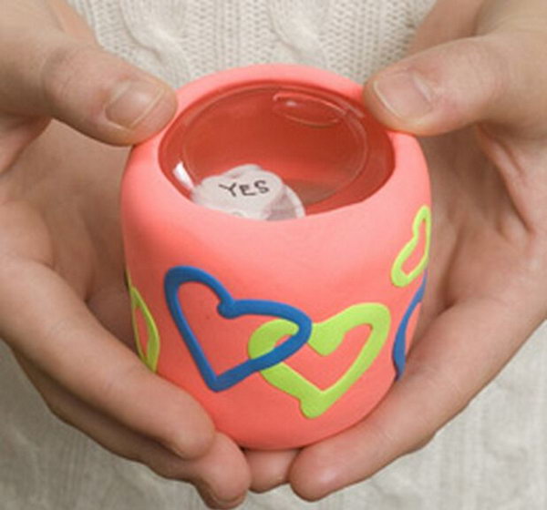 Magic Ball. Place cube in the jar and fill it with water, cover the jar clay or dough. Decorate the jar with clear nail polish and hearts decor from craft foam to finish off its exquisite outlook for a lot of fun. 