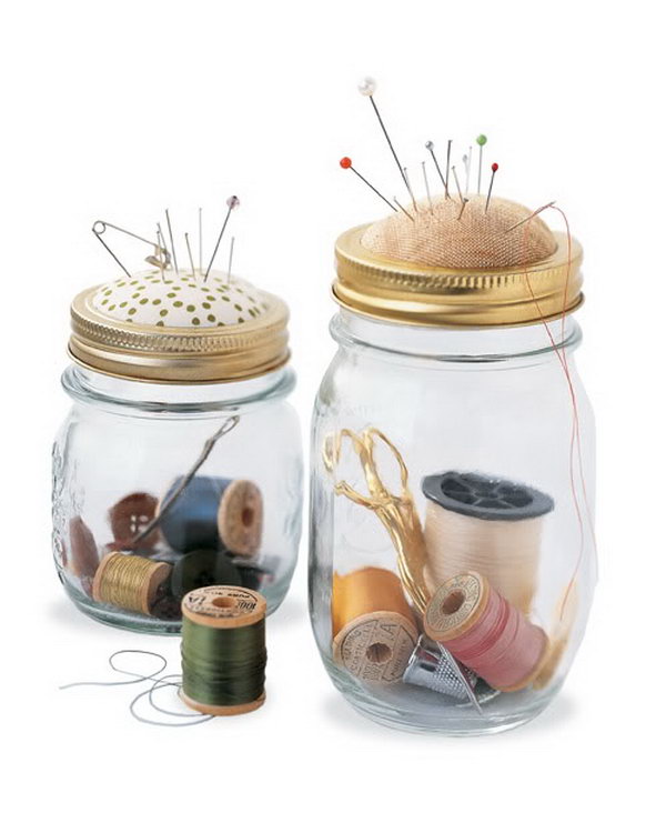 Sewing Kit in a Jar. Turn your shabby mason jar into a brand new sewing kit with a built in pincushion at the top. Make cushion by placing batting between fabric and cardboard, apply hot glue around the edge. It's super chic to keep your sewing kits tidy and clean in this funny jar. 