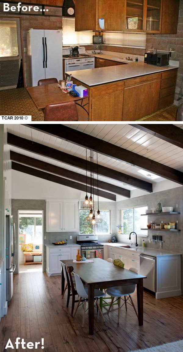 Before and After: a Rustic Modern Retreat. The family updated their 60s cinder block kitchen to a rustic modern reveal. With exposed beams, marble countertops, hardwood floors and a hand built farm table, they cut a lot of cost. I especially love the little  blue hardware which add a fresh look to this rustic space. 