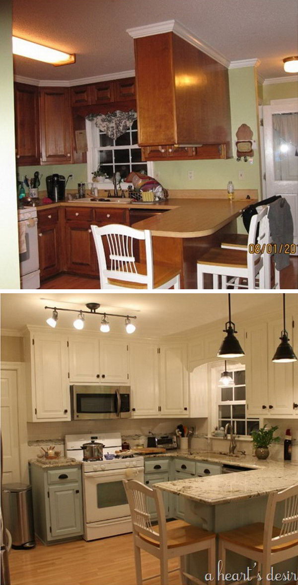 Before and After: 80s Kitchen Transformation. Love the two tone cabinets in blue and cream, the black hardware so much. Especially love the nice granite countertops which gives a lift to the whole space. 