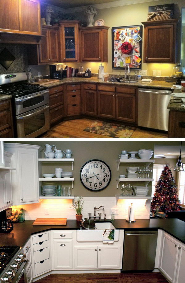 Kitchen Makeover: Change Color Palette to Lighten up. This is a stunningly beautiful makeover! I love that they replaced the corner cabinet with the open shelving and the beautiful white subway tiles. 