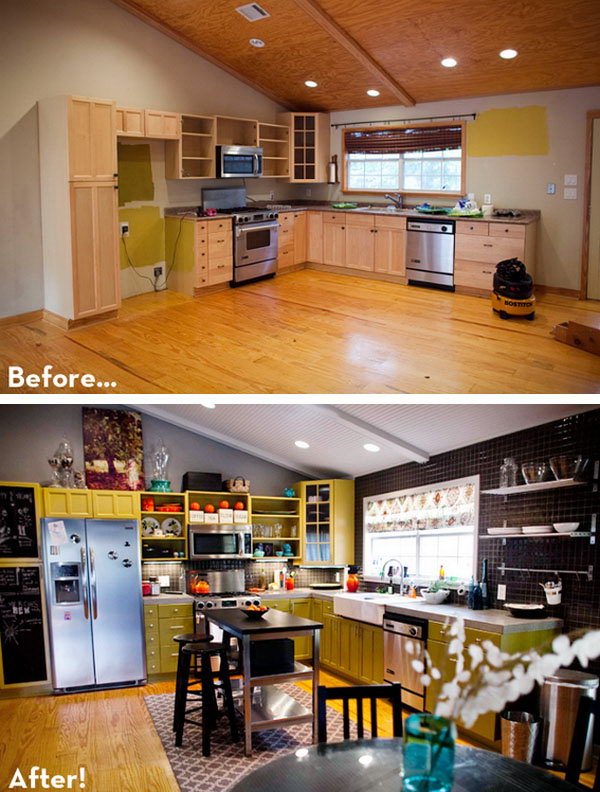 Before & After: A Colorful DIY Play Kitchen! If you're ready for an upgrade of your old fashioned oak cabinets and 80's look in your kitchen. Check out this transition to a new modern looking kitchen in this reveal. And this is really an eye candy which plays on color. I love every single detail in this kitchen and I'm sure this is a budget friendly make over that is affordable. 