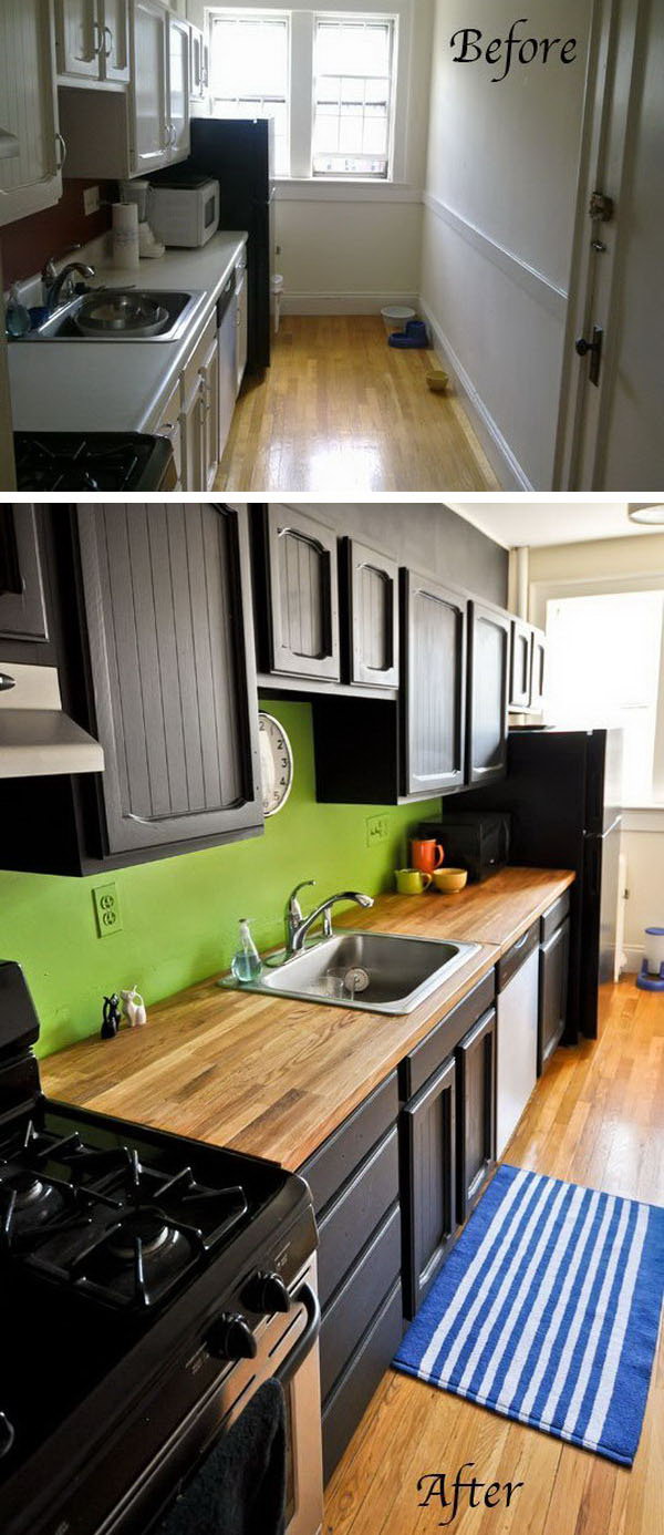 Before & After: 2 Kitchens Overhauled with Bold Color & Painted Cabinets. The new kitchen now has a totally different look just with minimal changes. Love the bold color pallet, black beauty gives weight and  accents, the strong contrast of green pops the whole space up and the wood color infuses a warm and inviting feel. 