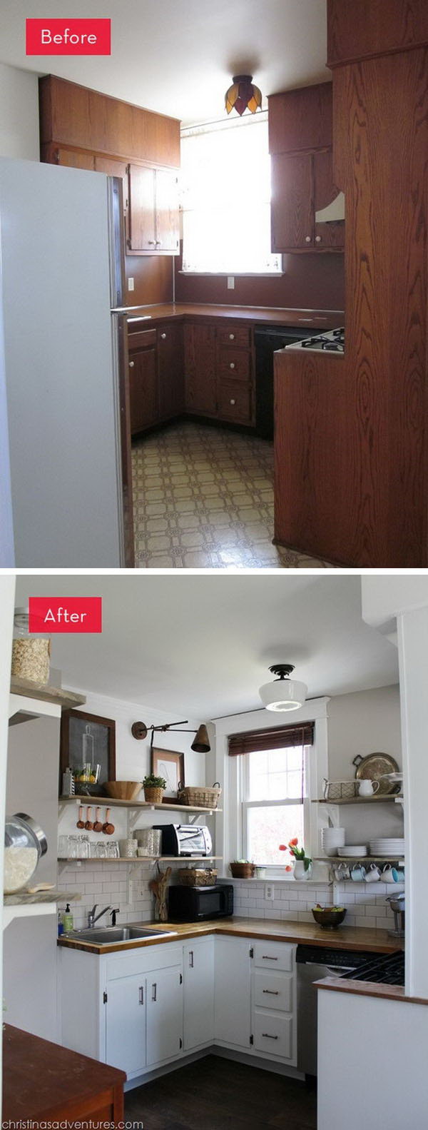 Before and After: A Dark Kitchen Gets A Refreshing New Look. What an amazing improvement. This kitchen was dark and dingy with the brown cabinets and backsplash. But now it's light filled, airy and inviting. 
