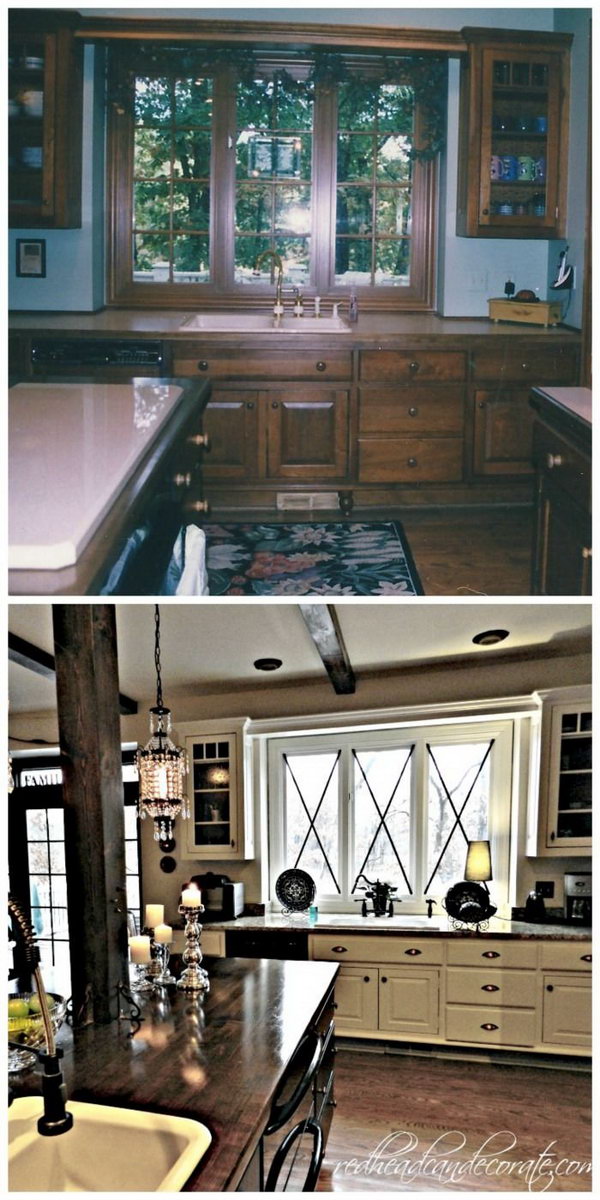 Absolutely stunning! This is one of the most beautiful kitchen transformations I have seen! You can see here how paint and talent can completely transform an old fashioned kitchen with oak cabinets to a gorgeous modern looking room with minimal effort and expense. 