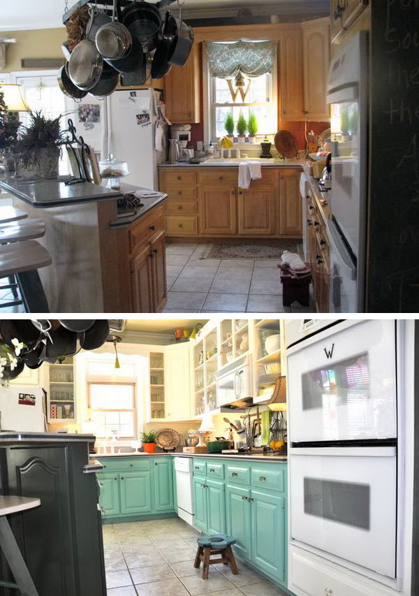 The householder painted the lower cabinets blue and the upper cabinets white, changed upper cabinet facing with glasses and shelves. And the little addition of the dark wood island against the blue and white brings a bit of warmth and richness. What a great transformation to layer a few colorful pieces to freshen up the outdated kitchen. 