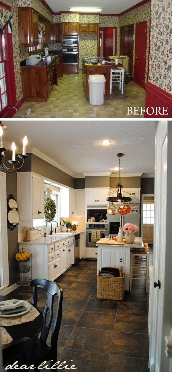 Paint Totally Transform a Kitchen. At the first glance you may assume the changing was high end and expensive. But when you check out the two pictures carefully your jaw will drop. It's well done on a budget and so quickly with simply changing the paint , renewing the countertops, the sink, the appliances and adding some lighting. 