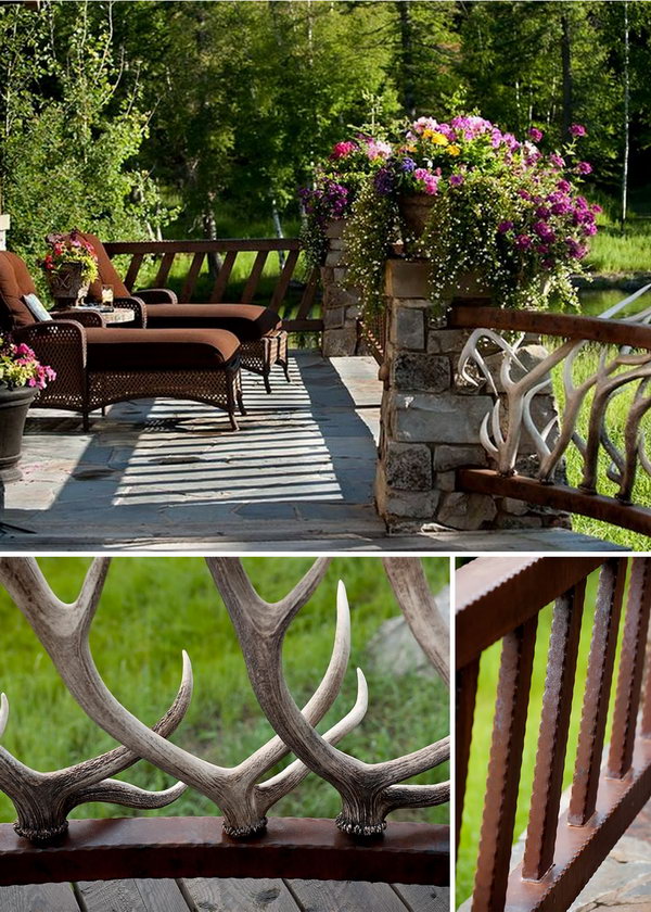 Antler deck railing. With elk antler fencing railing,  the other side tilted metal deck railing and rough stones pillars, the designer deck railing turn this patio into a very gorgeous place. And it would be a sweet time stay outside to enjoy the beauty of the  dreamy house. 