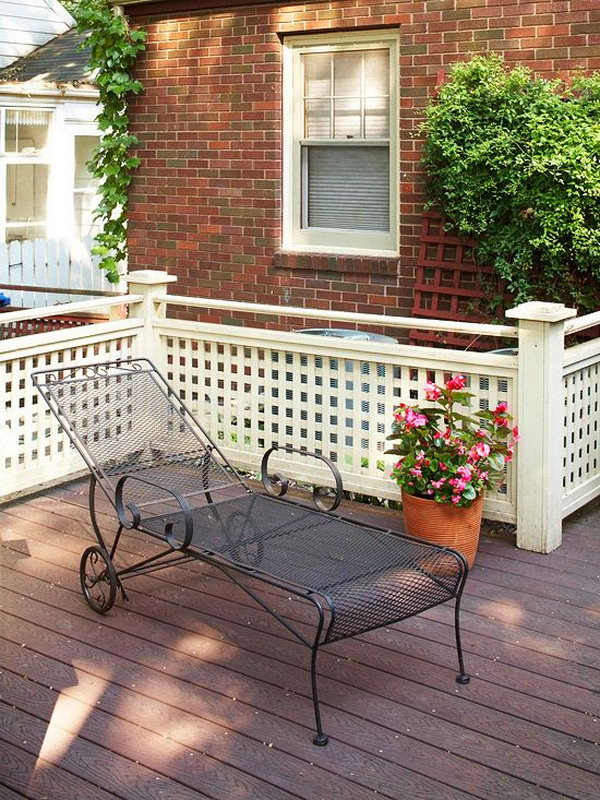 Lattice deck railings.  Lattice work makes a nice background for plants. And lattice adding rail to cover floor can increase security and privacy and make the most attractive cover. 