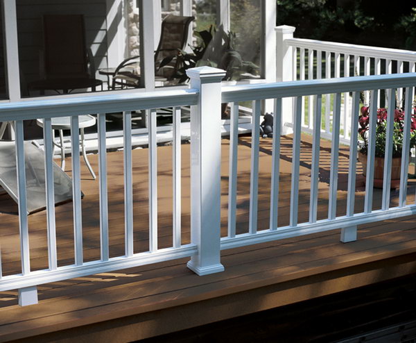 Traditional white deck railing. This simple and elegant white painted deck railing made of wood is very traditional but attractive. I love the clean and fresh look very much. 