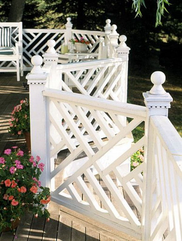 Chinese Chippendale deck railing. How gorgeous the outdoor place is. The Chinese Chippendale rails layout express movement and flow. Check out the topper of the wooden pillar, it's beautifully curved.  And I especially love the way this one winds around which are usually straight. 