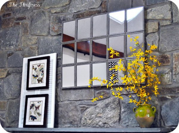 Mirror as a window. Arrange 15 small weatherized framed mirrors to create  this large tiled mantle version on the wall. Mirrors can make a illusion of the window. I t is a good choose for your garden. 
